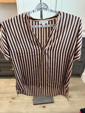 Vine & Love Oversized Brown & Cream Striped V-Neck Blouse - NWT - Size L